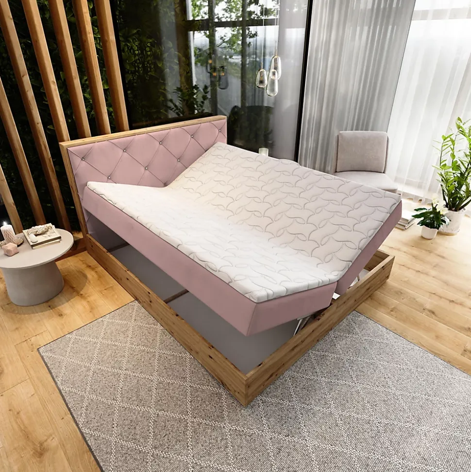 Lit Boxspring FOSCO 140X200 CM KRONOS 27, Rose, Lit avec matelas et rangement