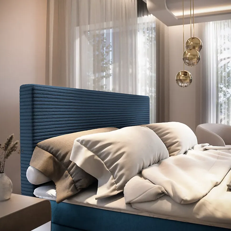 Lit Boxspring GIARRO 140X200 CM POSO 05 + KRONOS 05, Bleu, Lit avec matelas et rangement