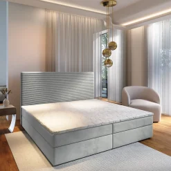 Lit Boxspring GIARRO 180X200 CM POSO 55 + PAROS 05, Gris clair, Lit avec matelas et rangement