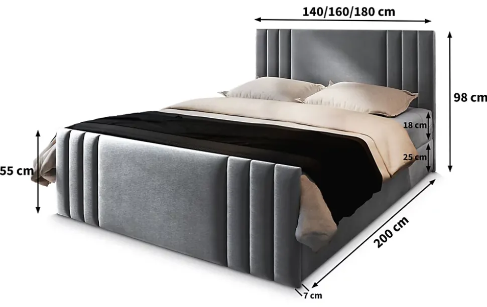 Lit Boxspring KANES 140X200 CM CASABLANCA 16, Noir, Lit avec matelas et rangement