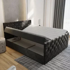 Lit Boxspring MANDI 160X200 CM MAGIC VELVET 2216, Bleu, Lit avec matelas et rangement