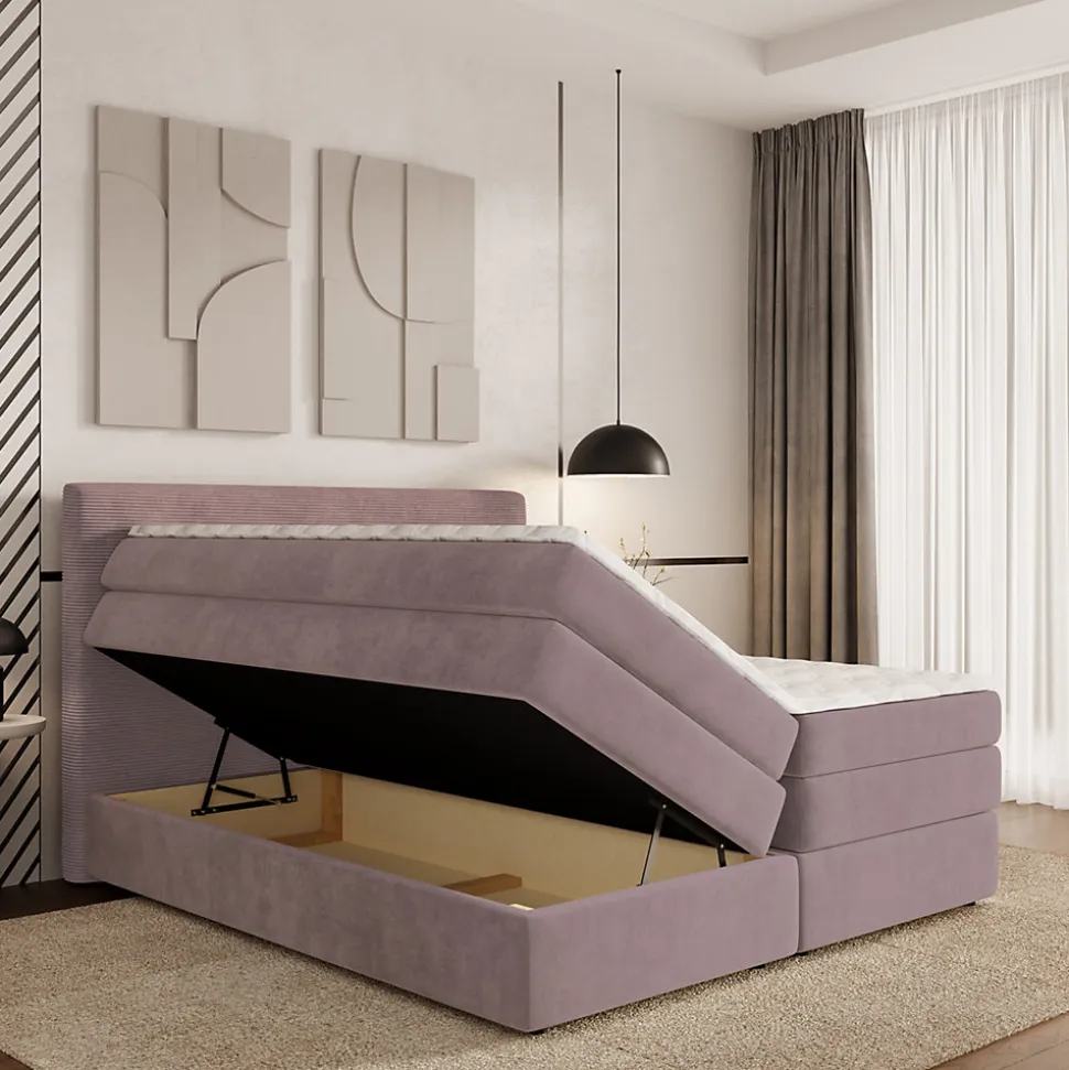 Lit Boxspring MATERN 180X200 CM POSO 27 + KRONOS 27, Rose, Lit avec matelas et rangement