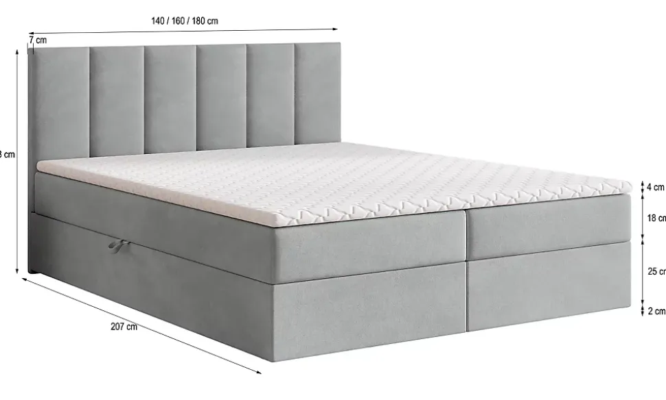 Lit Boxspring MERIL 160X200 CM KRONOS 15, Gris, Lit avec matelas et rangement