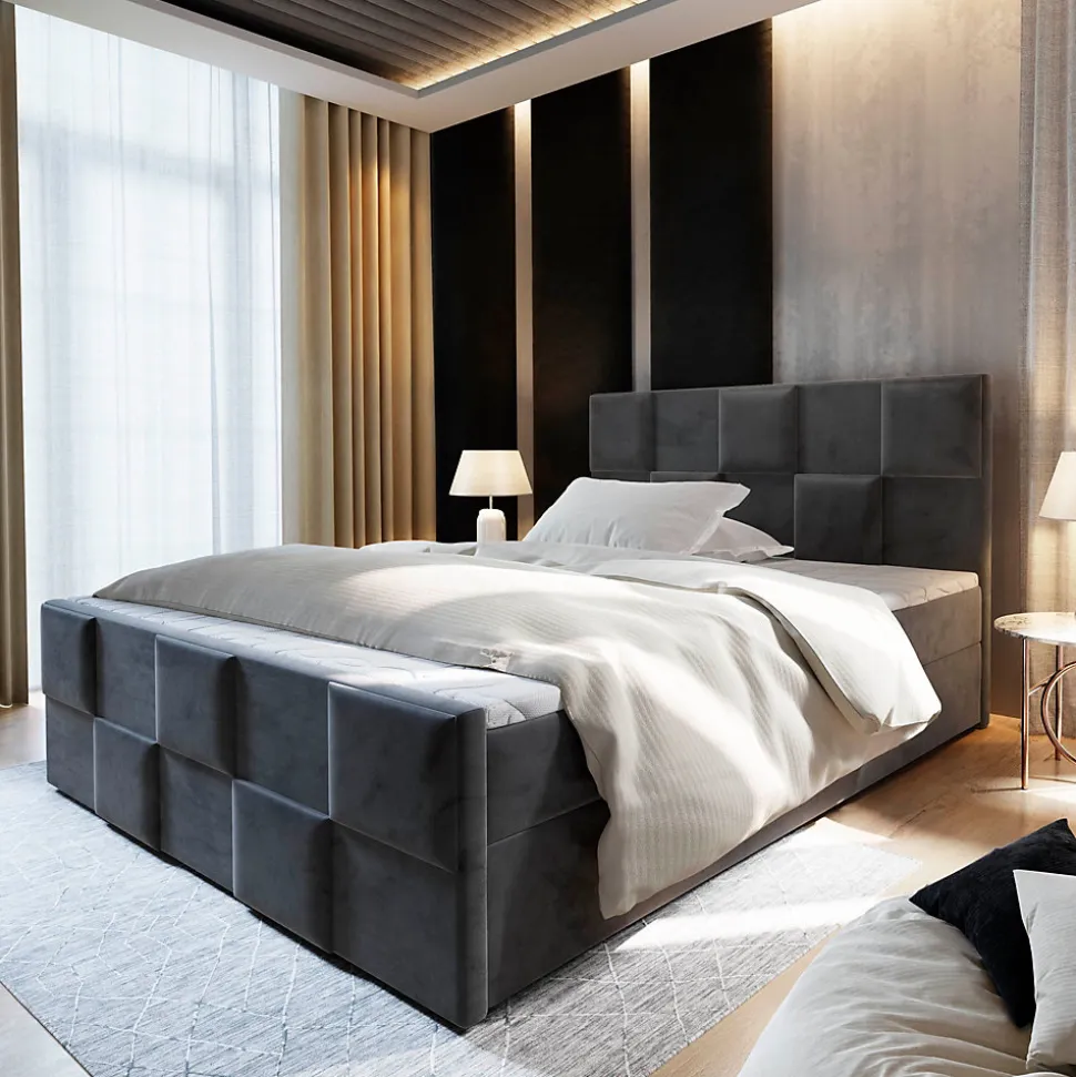 Lit Boxspring MONA 180X200 CM PAROS 06, Gris, Lit avec matelas et rangement