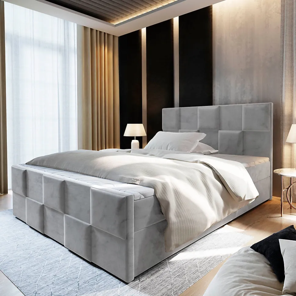 Lit Boxspring MONA 140X200 CM PAROS 05, Gris clair, Lit avec matelas et rangement