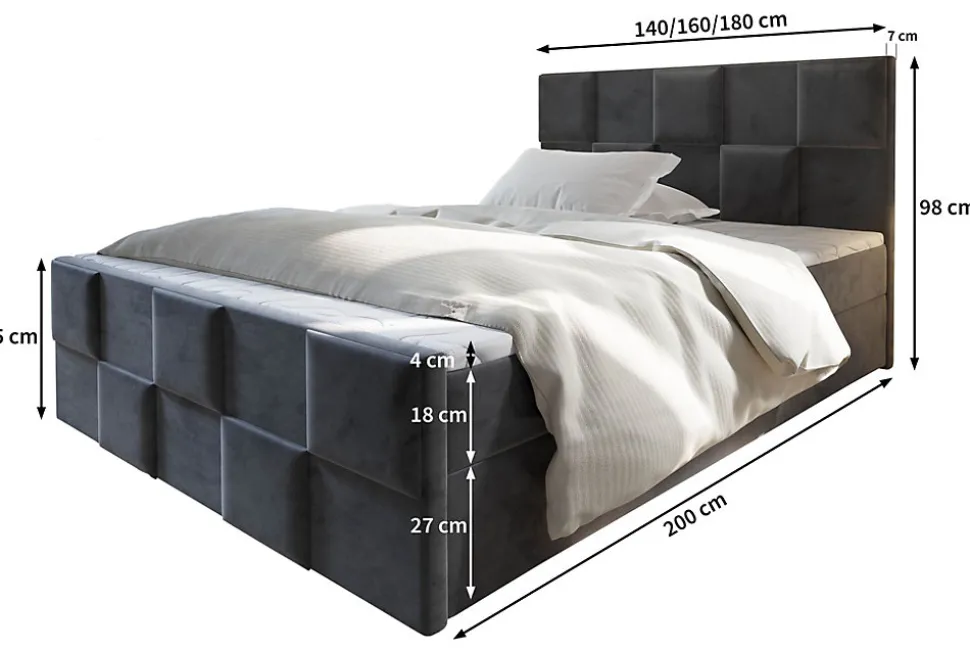Lit Boxspring MONA 140X200 CM PAROS 05, Gris clair, Lit avec matelas et rangement
