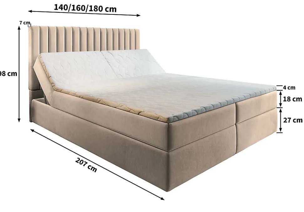 Lit Boxspring MURLO 140X200 CM PAROS 06, Gris, Lit avec matelas et rangement