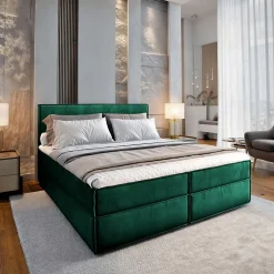 Lit Boxspring PELLIO 160X200 CM MONOLITH 37, Vert foncé, Lit avec matelas et rangement