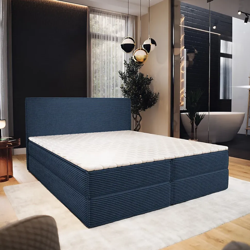 Lit Boxspring PELLIO 160X200 CM POSO 05, Bleu, Lit avec matelas et rangement