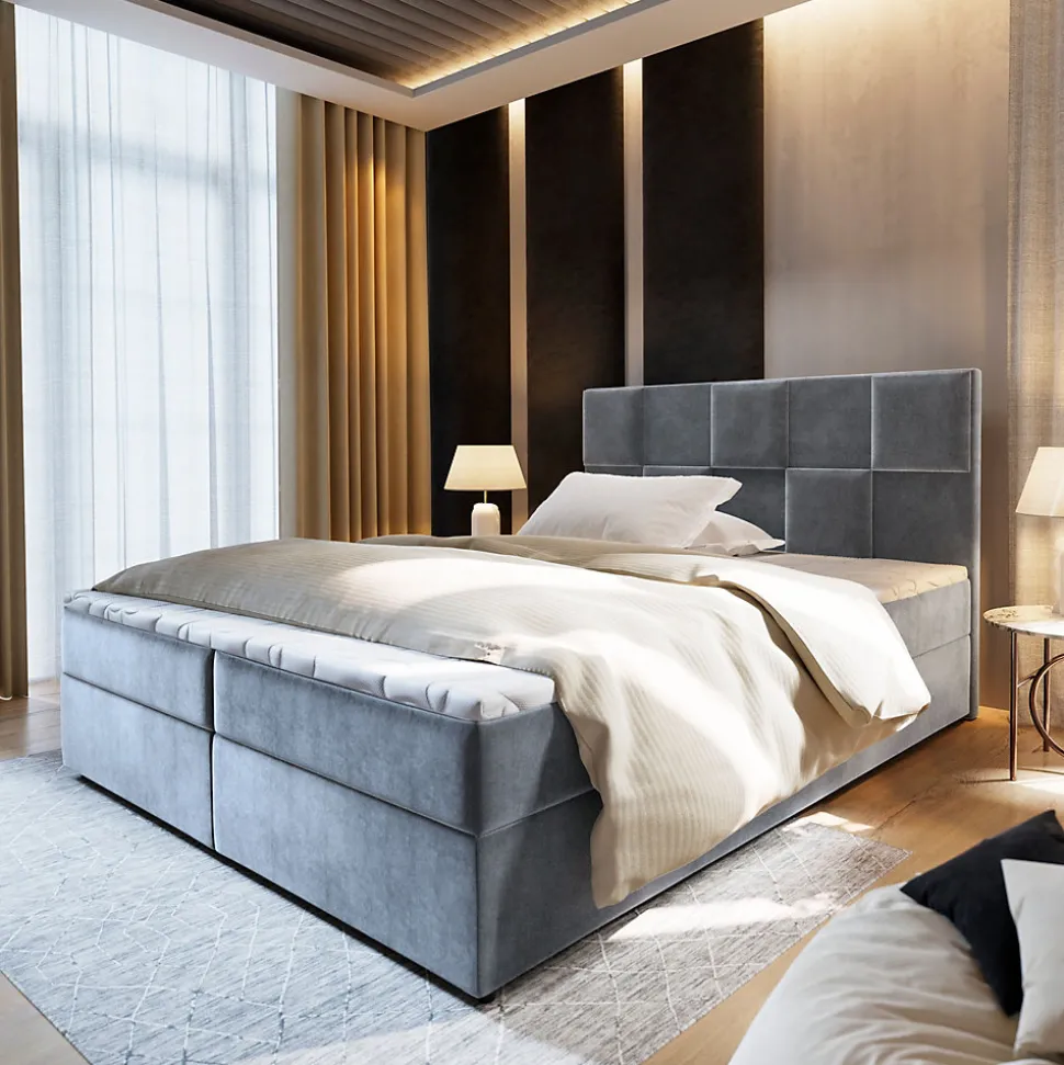 Lit Boxspring PRATA 180X200 CM PAROS 05, Gris clair, Lit avec matelas et rangement