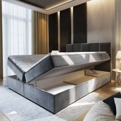 Lit Boxspring PRATA 180X200 CM PAROS 05, Gris clair, Lit avec matelas et rangement