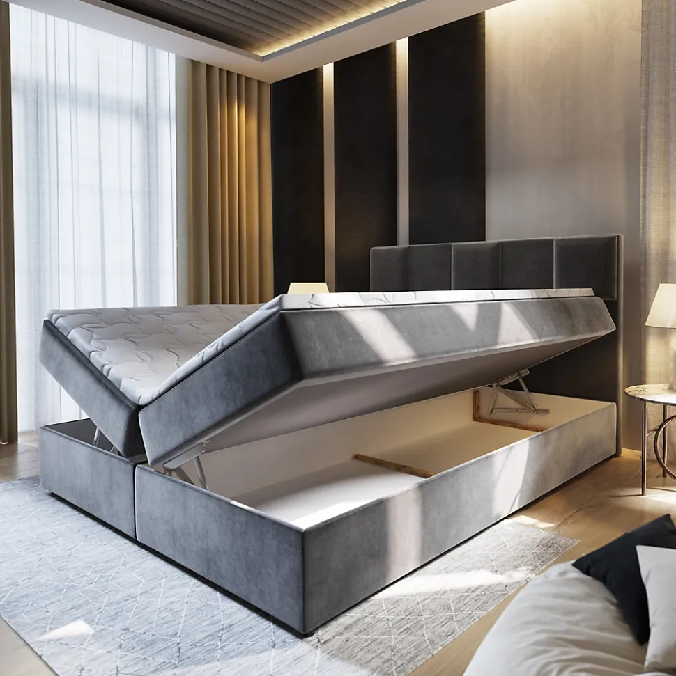 Lit Boxspring PRATA 180X200 CM PAROS 05, Gris clair, Lit avec matelas et rangement