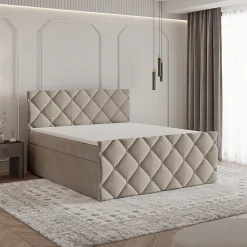 Lit Boxspring ROVARI 180X200 CM PAROS 02, Beige, Lit avec matelas et rangement