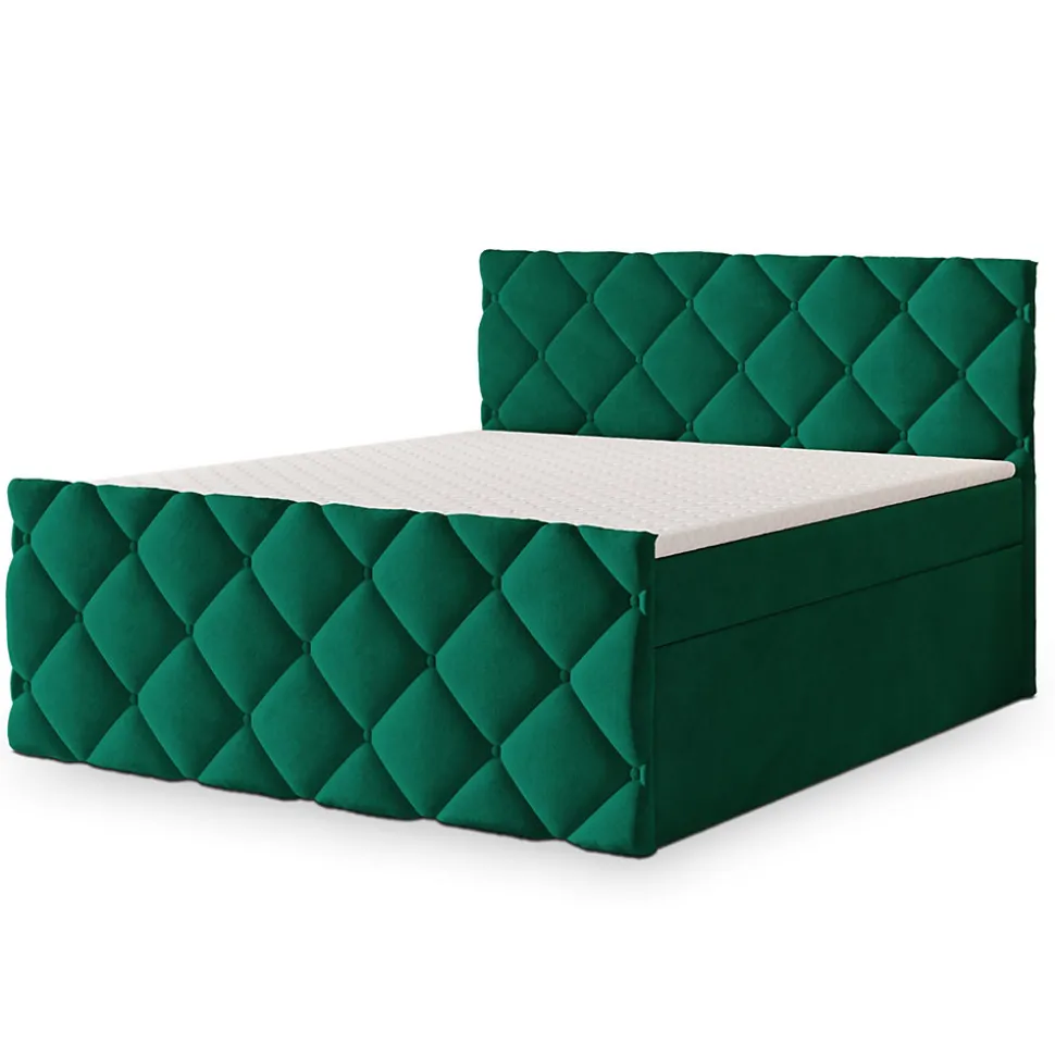 Lit Boxspring ROVARI 140X200 CM KRONOS 19, Vert foncé, Lit avec matelas et rangement