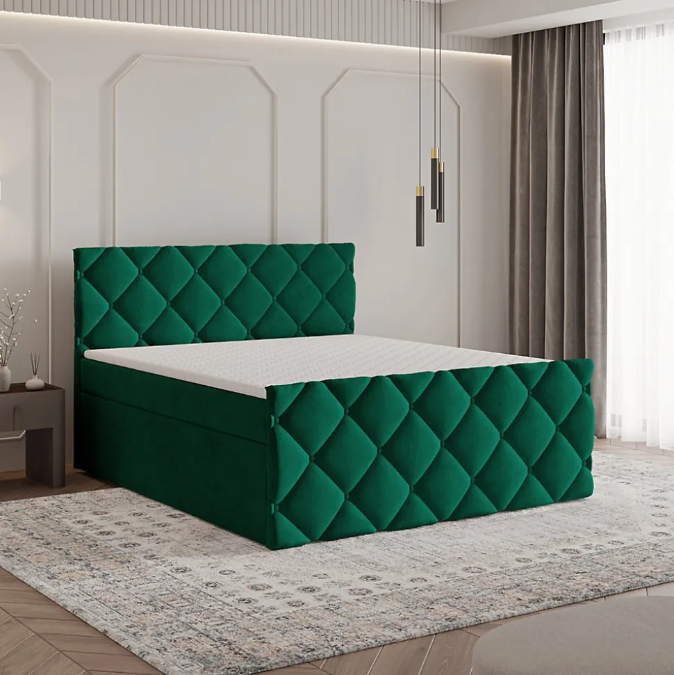 Lit Boxspring ROVARI 140X200 CM KRONOS 19, Vert foncé, Lit avec matelas et rangement