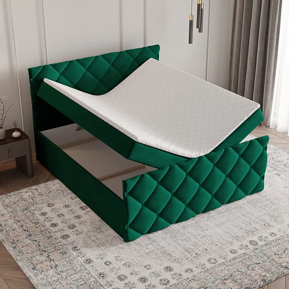 Lit Boxspring ROVARI 140X200 CM KRONOS 19, Vert foncé, Lit avec matelas et rangement