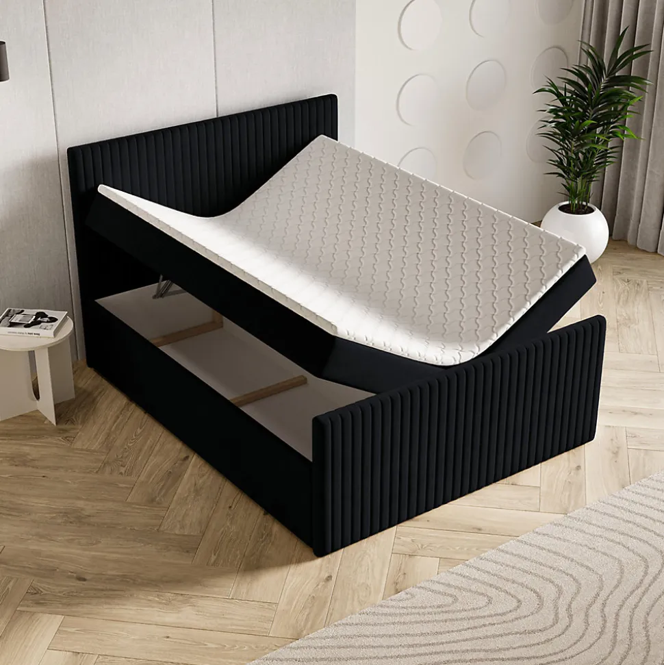 Lit Boxspring TERVAN 160X200 CM KRONOS 07, Noir, Lit avec matelas et rangement