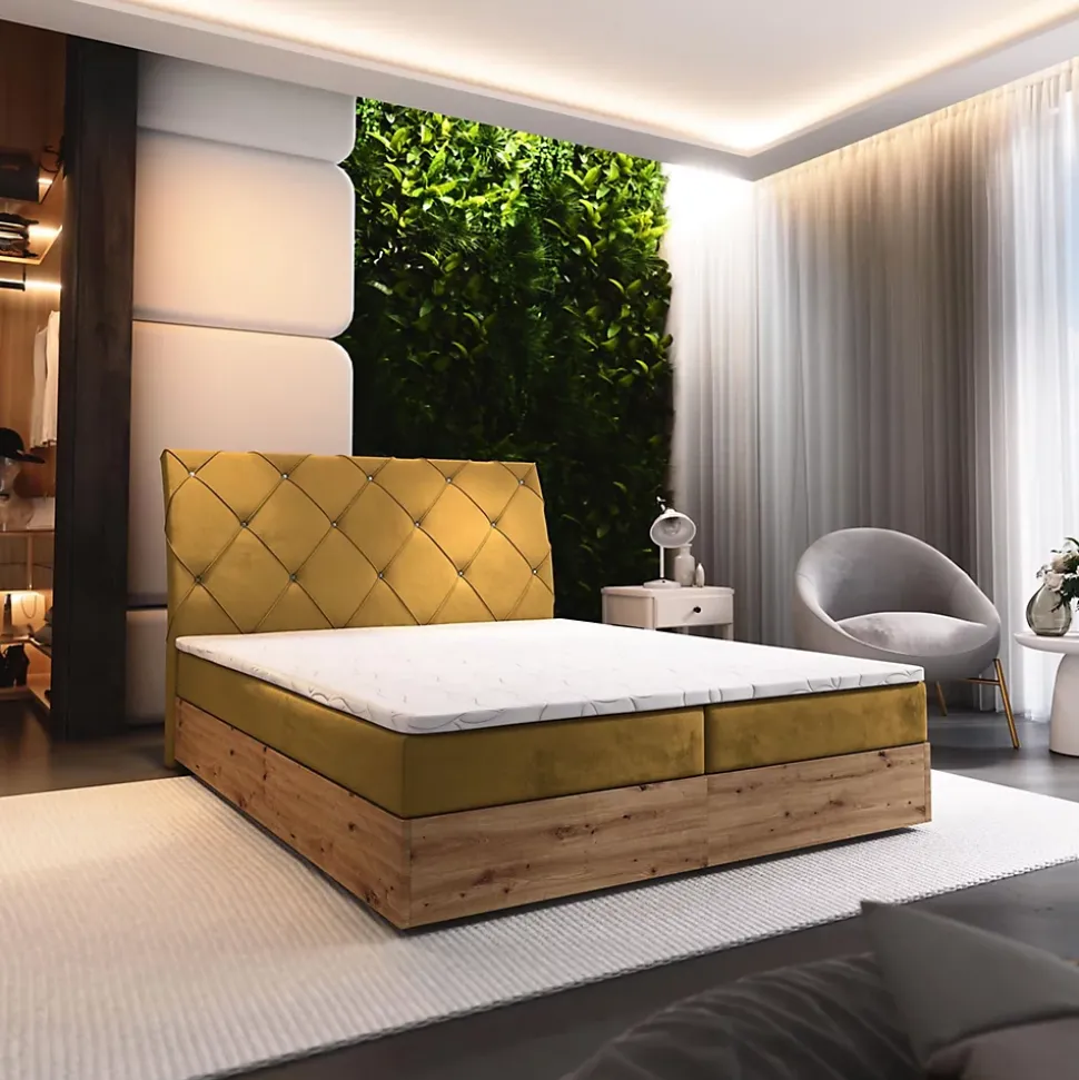 Lit Boxspring VELLANO 160X200 CM KRONOS 01, Jaune, Lit avec matelas et rangement