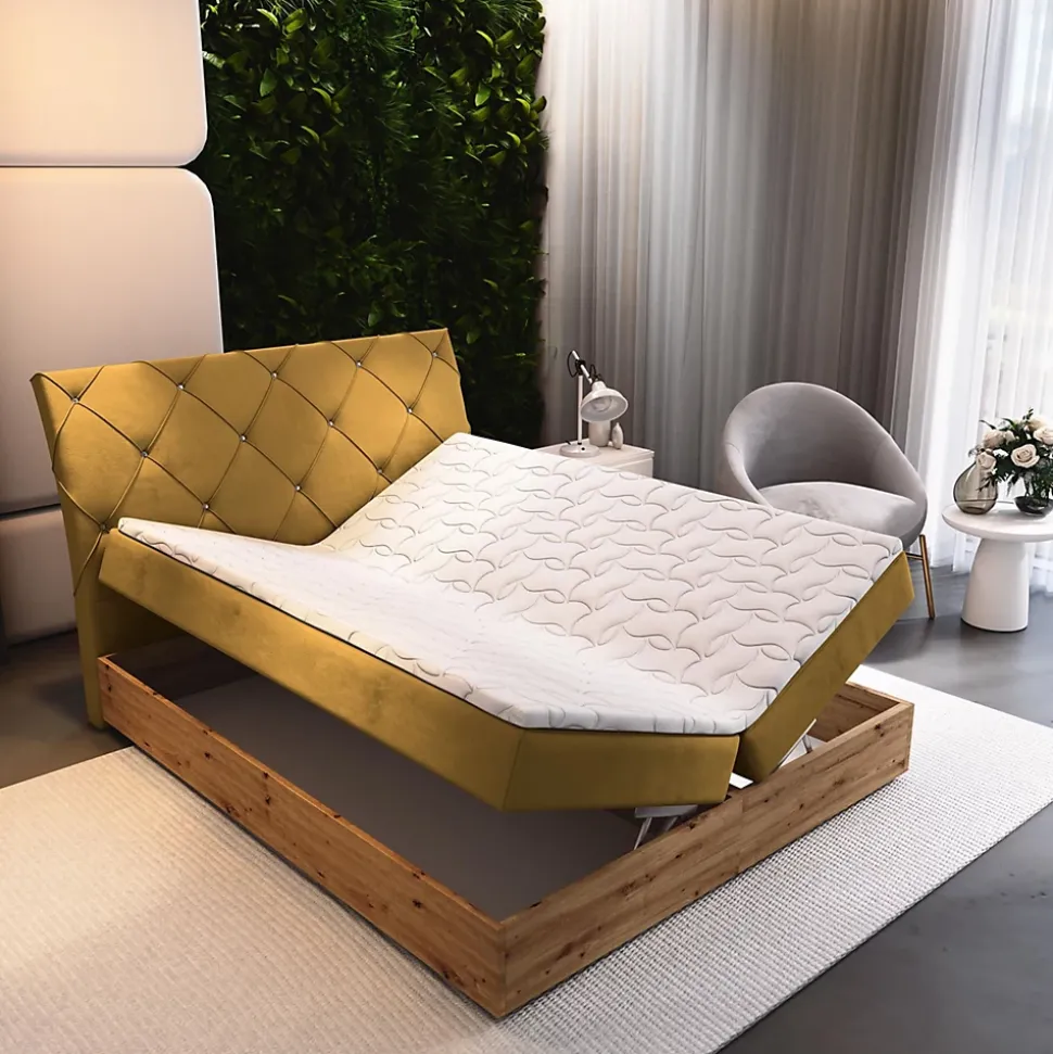 Lit Boxspring VELLANO 160X200 CM KRONOS 01, Jaune, Lit avec matelas et rangement