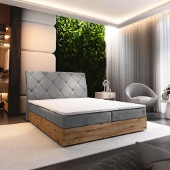 Lit Boxspring VELLANO 140X200 CM PAROS 05, Gris clair, Lit avec matelas et rangement