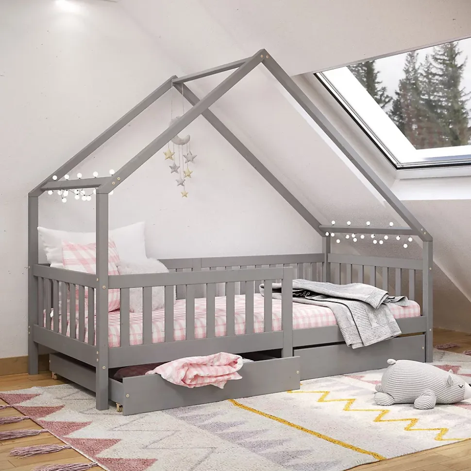 Lit cabane asymétrique ALVA avec tiroirs, 90 x 200 cm en pin massif lasuré gris