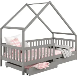 Lit cabane asymétrique ALVA avec tiroirs, 90 x 200 cm en pin massif lasuré gris