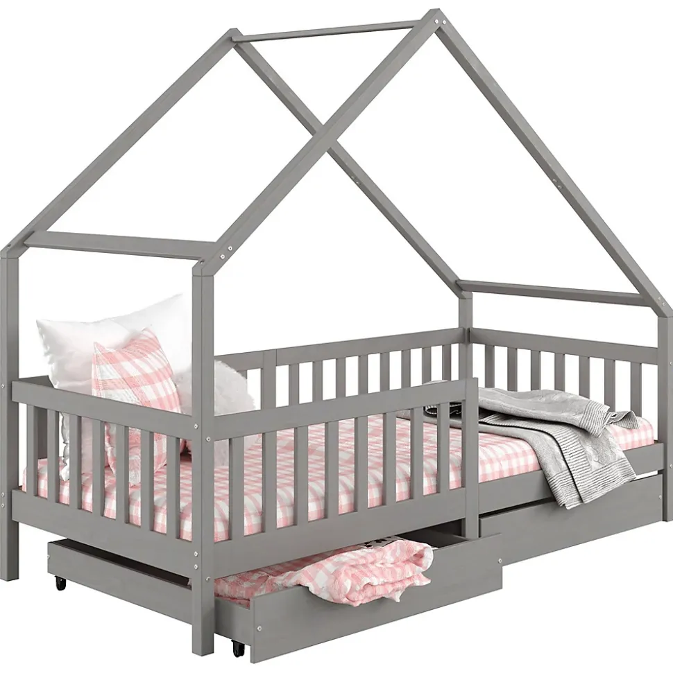 Lit cabane asymétrique ALVA avec tiroirs, 90 x 200 cm en pin massif lasuré gris