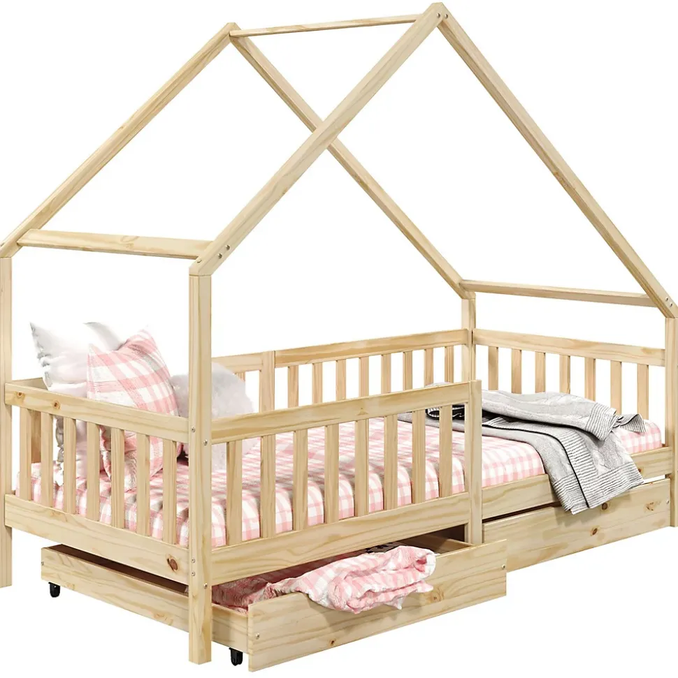 Lit cabane asymétrique ALVA avec tiroirs, 90 x 190 cm en pin massif finition naturelle