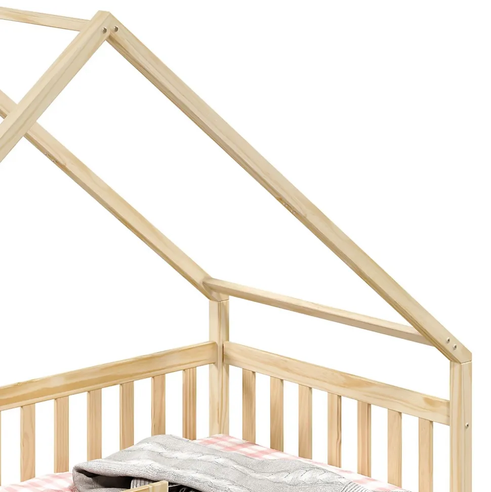 Lit cabane asymétrique ALVA avec tiroirs, 90 x 190 cm en pin massif finition naturelle