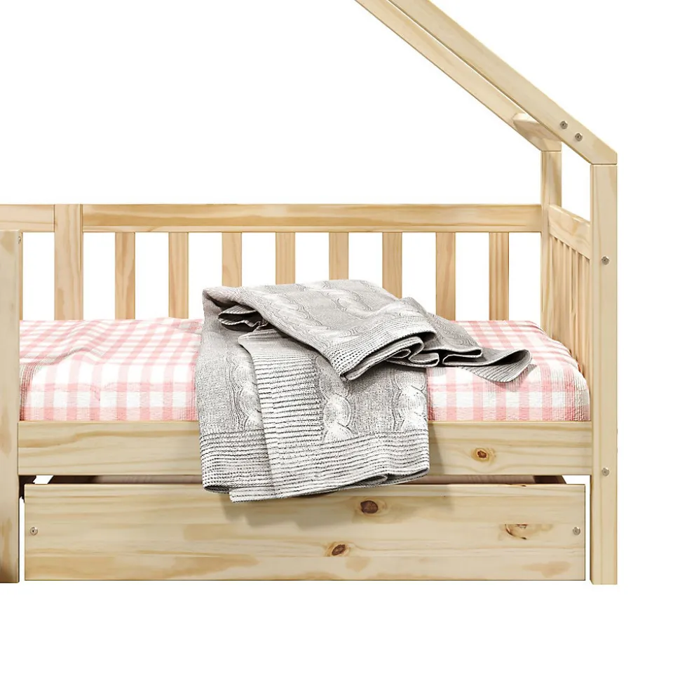 Lit cabane asymétrique ALVA avec tiroirs, 90 x 190 cm en pin massif finition naturelle