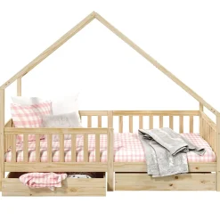 Lit cabane asymétrique ALVA avec tiroirs, 90 x 190 cm en pin massif finition naturelle