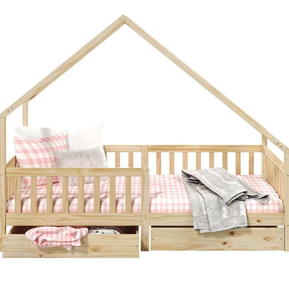 Lit cabane asymétrique ALVA avec tiroirs, 90 x 190 cm en pin massif finition naturelle