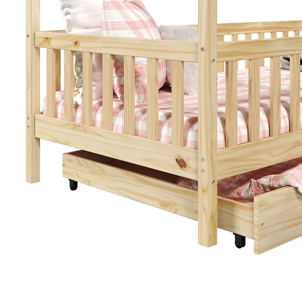 Lit cabane asymétrique ALVA avec tiroirs, 90 x 190 cm en pin massif finition naturelle