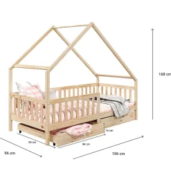 Lit cabane asymétrique ALVA avec tiroirs, 90 x 190 cm en pin massif finition naturelle