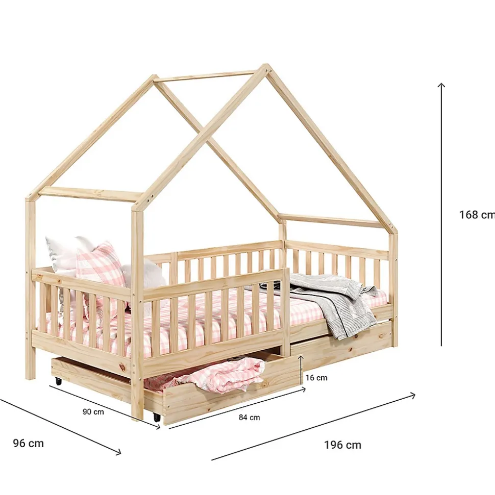 Lit cabane asymétrique ALVA avec tiroirs, 90 x 190 cm en pin massif finition naturelle