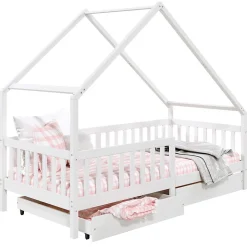 Lit cabane asymétrique ALVA avec tiroirs, 90 x 200 cm en pin massif lasuré blanc