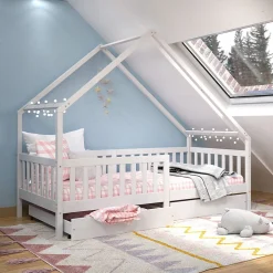 Lit cabane asymétrique ALVA avec tiroirs, 90 x 200 cm en pin massif lasuré blanc