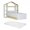 Lit cabane 90 x 190 cm - Coloris : Blanc et naturel + Matelas - JERACO