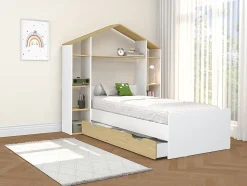 Lit cabane 90 x 190 cm - Coloris : Blanc et naturel + Matelas - JERACO