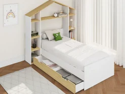 Lit cabane 90 x 190 cm - Coloris : Blanc et naturel + Matelas - JERACO