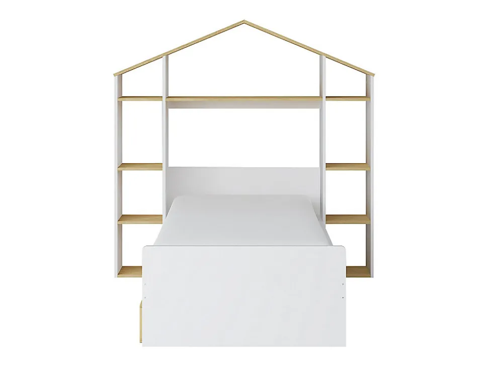 Lit cabane 90 x 190 cm - Coloris : Blanc et naturel + Matelas - JERACO