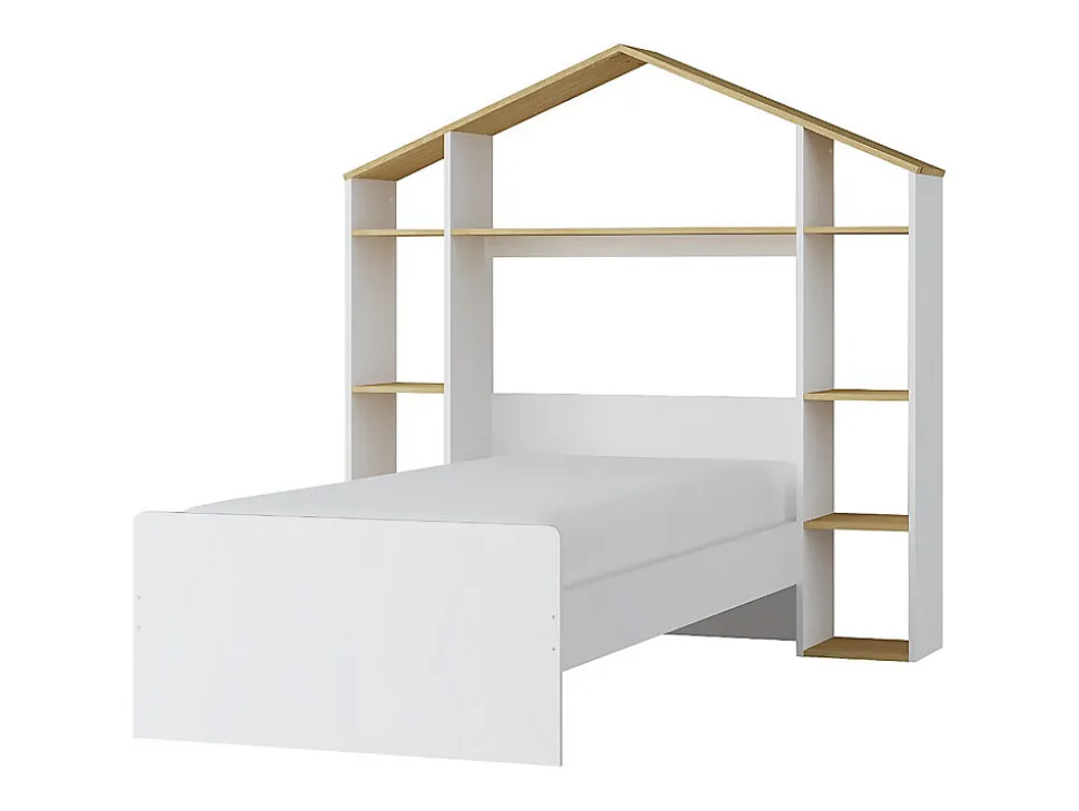 Lit cabane 90 x 190 cm - Coloris : Blanc et naturel + Matelas - JERACO