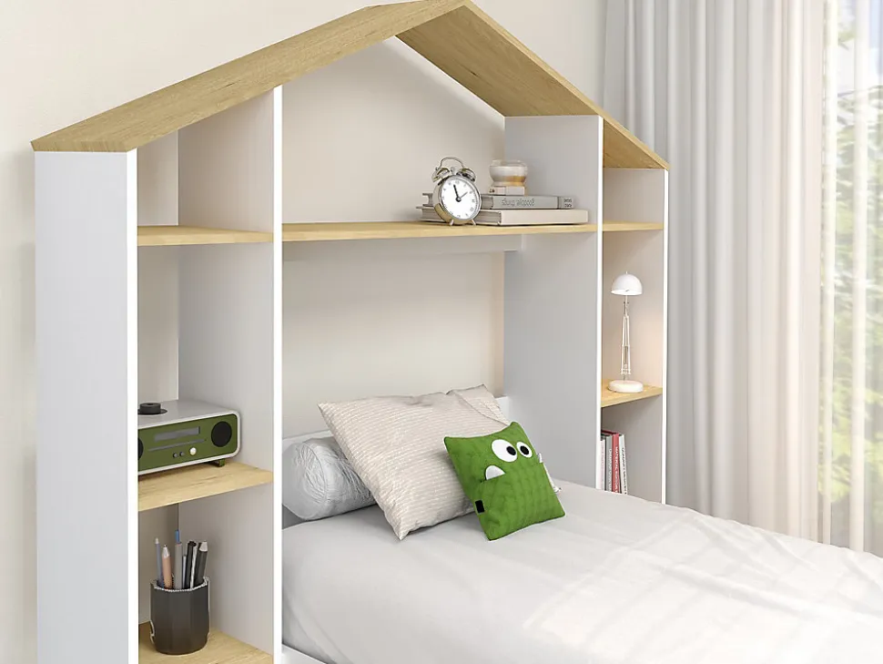 Lit cabane 90 x 190 cm - Coloris : Blanc et naturel + Matelas - JERACO