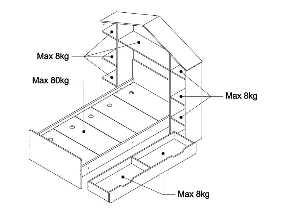 Lit cabane 90 x 190 cm - Coloris : Blanc et naturel + Matelas - JERACO