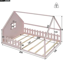 Lit cabane 140 x 200 cm - Lit double enfant avec barrières - Pin + MDF - Sans matelas - Rose