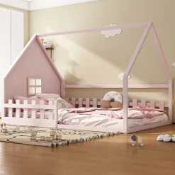 Lit cabane 140 x 200 cm - Lit double enfant avec barrières - Pin + MDF - Sans matelas - Rose