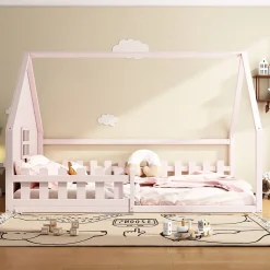 Lit cabane 140 x 200 cm - Lit double enfant avec barrières - Pin + MDF - Sans matelas - Rose