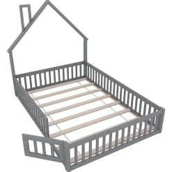 Lit Cabane 140 x 200 cm - Lit enfant Forme Cheminée - Pin + MDF - Sans Matelas - Gris
