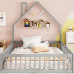 Lit Cabane 140 x 200 cm - Lit enfant Forme Cheminée - Pin + MDF - Sans Matelas - Gris