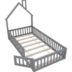 Lit Cabane 90 x 200 cm - Lit enfant Forme Cheminée - Pin + MDF - Sans Matelas - Gris